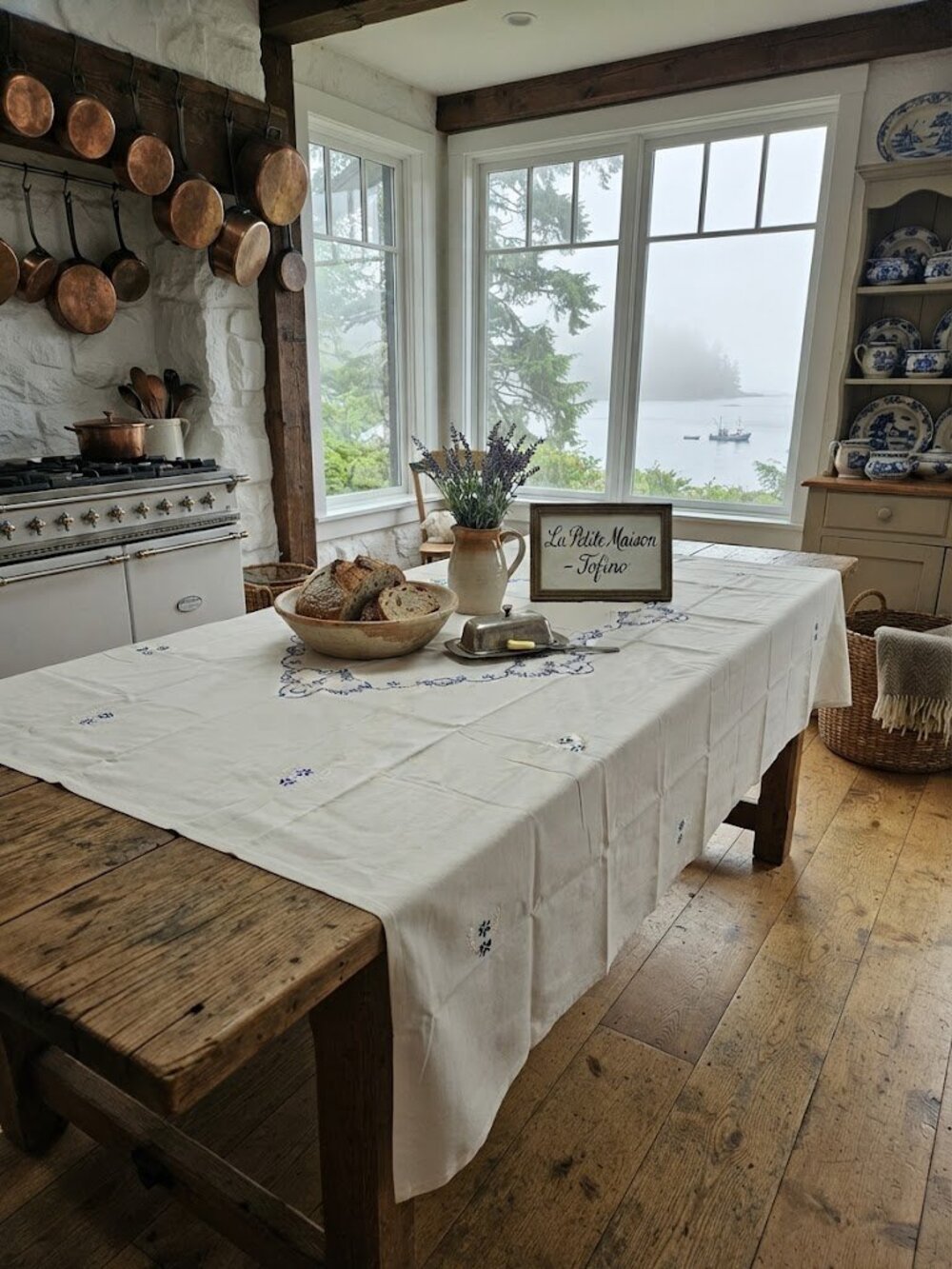 Classic White Tablecloth with Blue Floral Embroidery